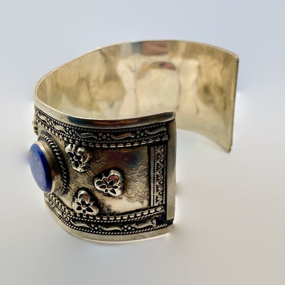Vintage Lapis Bracelet Afghan: Middle Eastern Kuchi Embossed Silver Cuff Boho - Picture 4 of 5